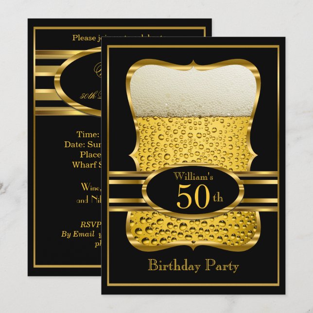 Beer Black Gold Birthday Party Invitation (Front/Back)