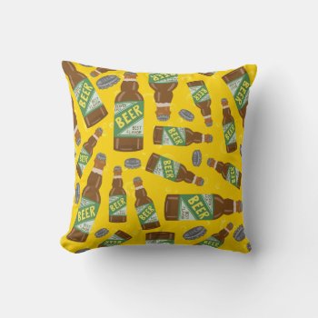 Beer Bottle And Caps Pattern With Bubbles Retro Throw Pillow by LaborAndLeisure at Zazzle