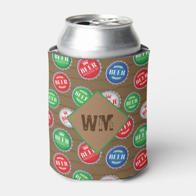 Beer Bottle Caps Craft Beer Drinker Monogrammed Can Cooler (Can Front)