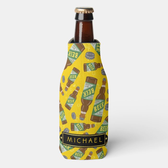 Beer Bottle Pattern with Bubbles Retro with Name Bottle Cooler (Bottle Front)