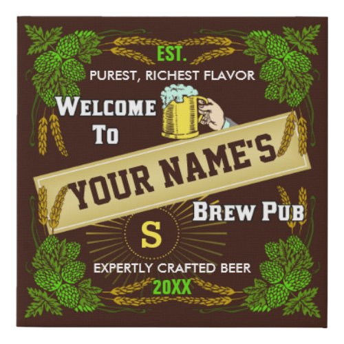 Beer Brew Pub Personalized Name  Hops Barley Bar Faux Canvas Print