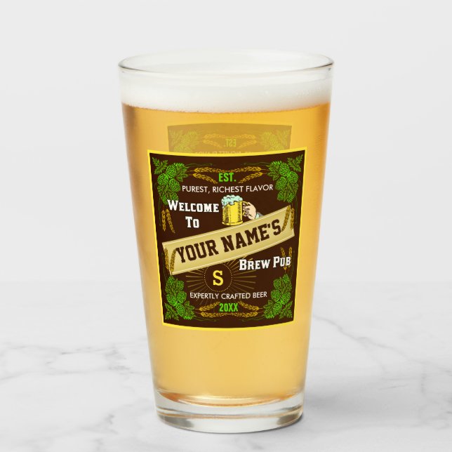 Beer Brew Pub Personalized Name | Hops Barley Bar Glass (Front Filled)