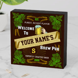 Beer Brew Pub Personalized Name Hops Barley Bar Wooden Box Sign