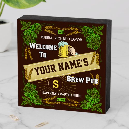 Beer Brew Pub Personalized Name  Hops Barley Bar Wooden Box Sign