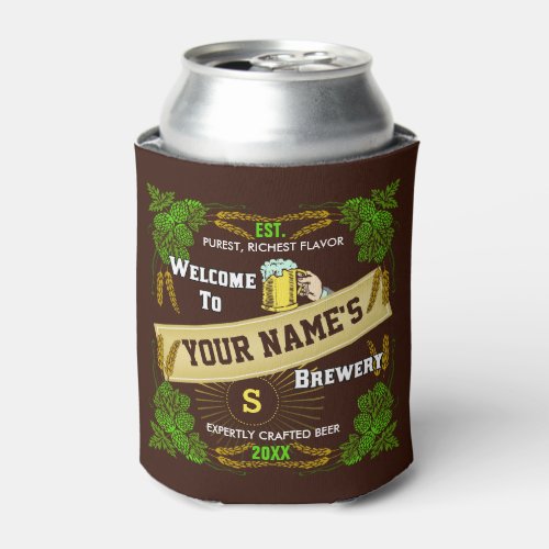 Beer Brewery Hops and Barley Welcome Personalized Can Cooler