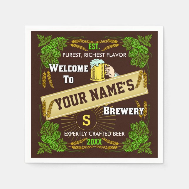 Beer Brewery Personalized Name | Hops Barley Bar Napkins (Front)