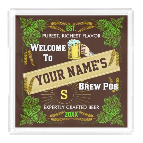 Beer Brewpub Hops and Barley Welcome Personalized Acrylic Tray