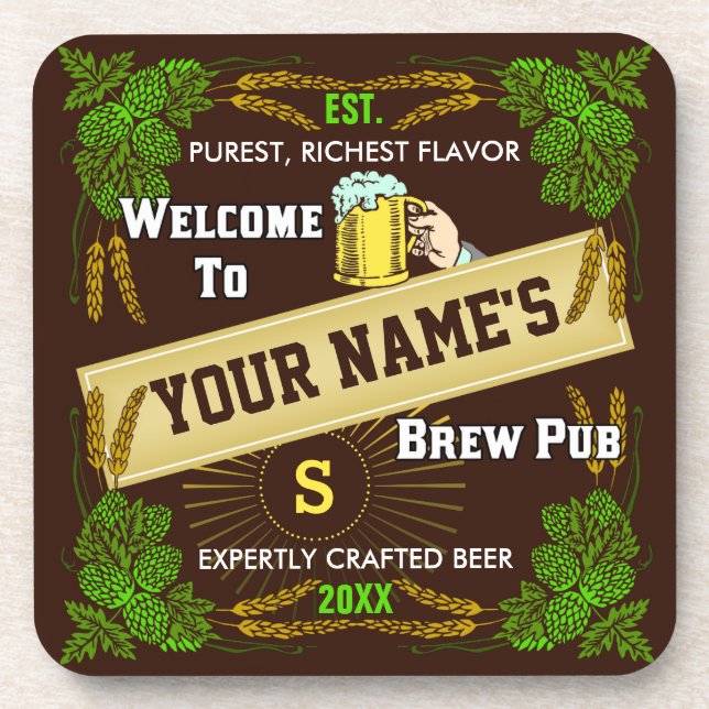 Beer Brewpub Hops / Barley Welcome: Personalized Drink Coaster (Front)