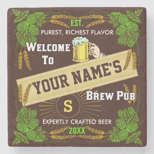 Beer Brewpub Hops / Barley Welcome: Personalized Stone Coaster (Front)