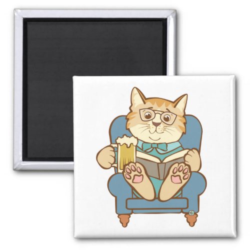 Beer Cat Reading Book in Chair Magnet