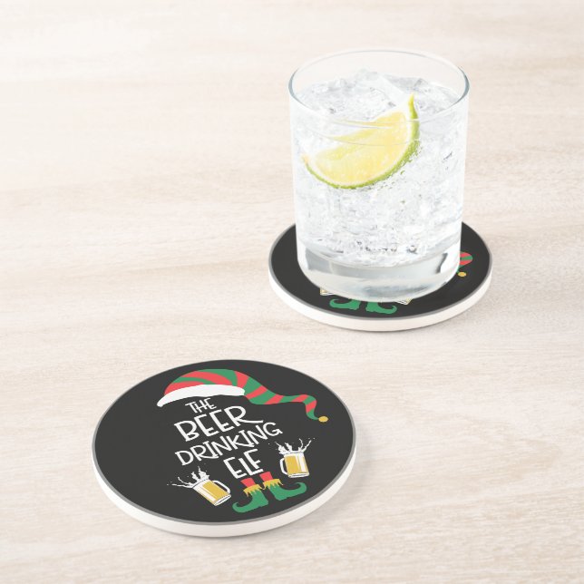 Beer Christmas Elf Funny Typography Holiday Glass Coaster (Side)