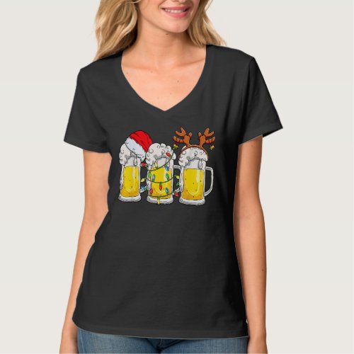 Beer Christmas Mug Santa Reinbeer Xmas Tree Lights T_Shirt
