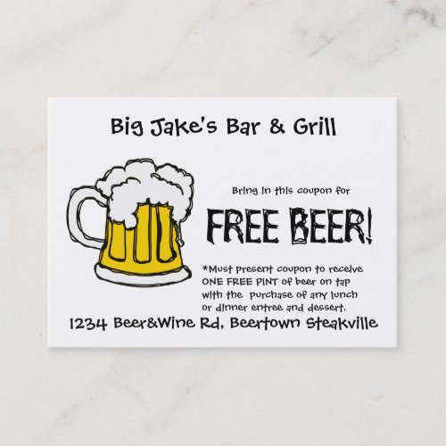 Beer Coupon for Liscensed Bar &amp; Grill Restaurant Business Card
