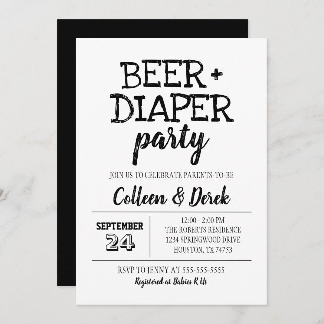 Beer & Diaper Party Invitation | Black & White (Front/Back)
