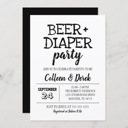 Beer  Diaper Party Invitation  Black  White