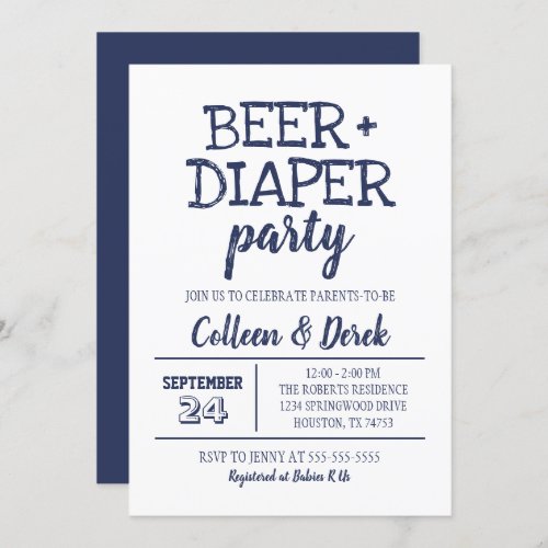 Beer  Diaper Party Invitation  Navy  White
