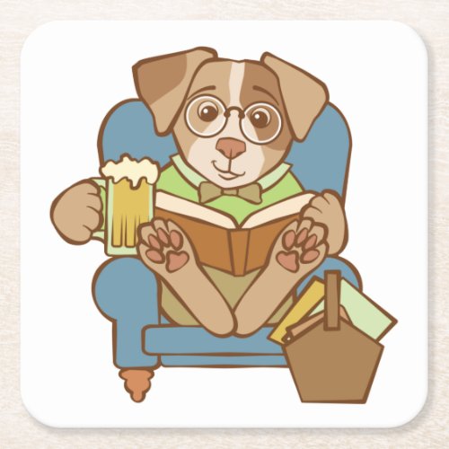 Beer Dog Reading Book in Chair Square Paper Coaster