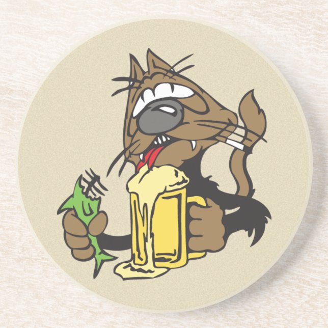 beer drinking cat sandstone coaster (Front)