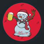 Beer-drinking Drunk Snowman Thunder_Cove Large Clock<br><div class="desc">Beer-drinking Drunk Snowman to customize,  personalize by changing to your name on  any background color</div>