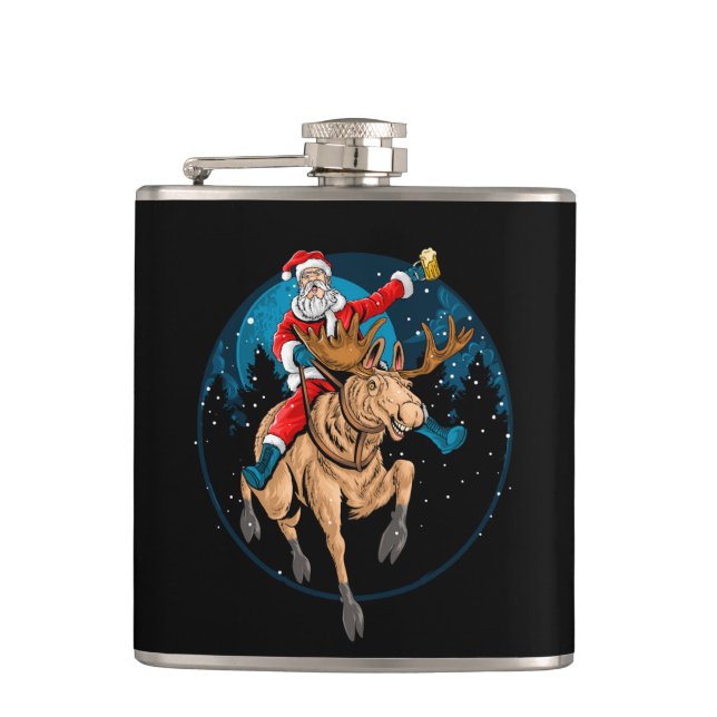 Beer Drinking, Moose Riding Santa  Flask (Front)