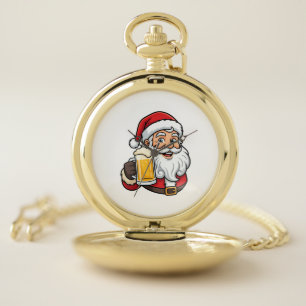 Beer Drinking Santa Claus Christmas Graphic Pocket Watch