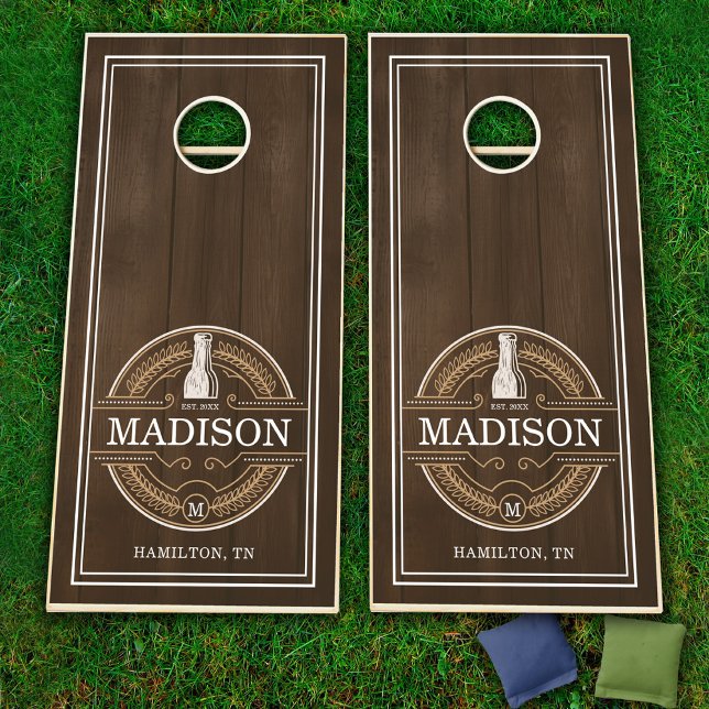 Beer Family Monogram Crest Cornhole Set (Wood Plank Texture Beer Family Monogram Crest Cornhole Set)