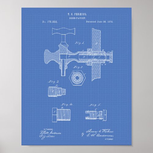 Beer Faucet 1876 Patent Art Blueprint Poster