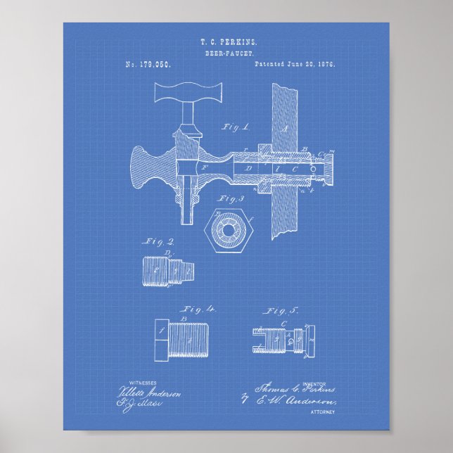 Beer Faucet 1876 Patent Art Blueprint Poster (Front)