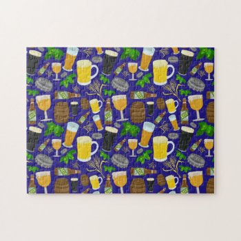 Beer Glass Bottle Hops And Barley Pattern 2 Jigsaw Puzzle by LaborAndLeisure at Zazzle