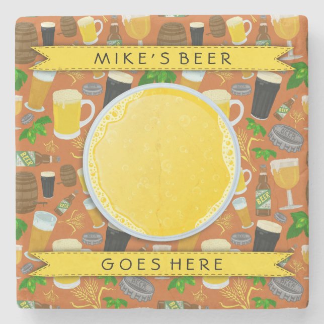 Beer Glass Bottle Hops and Barley Pattern Custom Stone Coaster (Front)