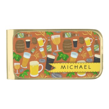 Beer Glass Bottle Hops And Barley Pattern Gold Finish Money Clip by LaborAndLeisure at Zazzle