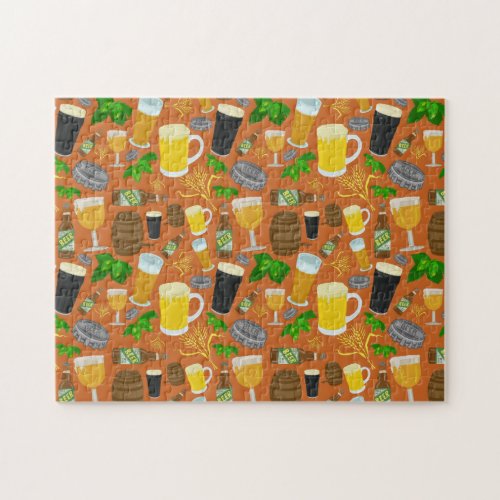 Beer Glass Bottle Hops and Barley Pattern Jigsaw Puzzle