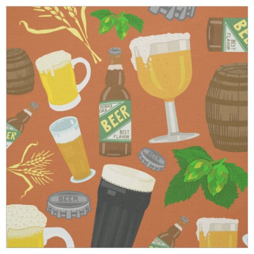 Beer Glass Bottle Hops and Barley Pattern Orange Fabric