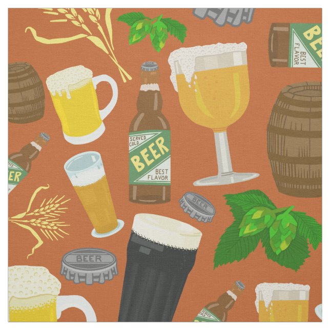 Beer Glass Bottle Hops and Barley Pattern Orange Fabric (Swatch)
