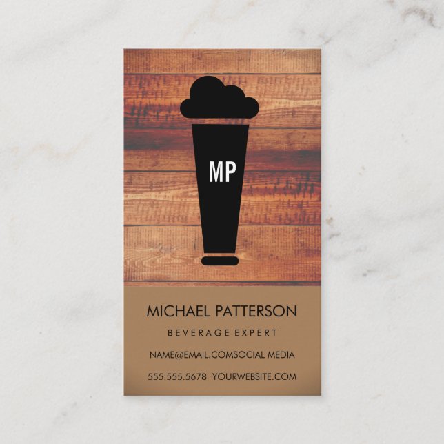 Beer Glass | Brewery | Wood Trim Monogram Business Card (Front)
