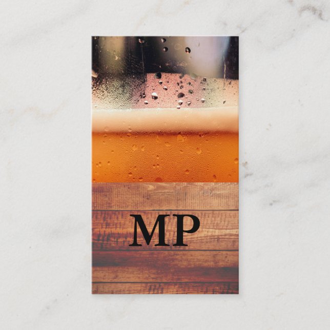 Beer Glass Rustic Wood | Monogram Business Card (Front)