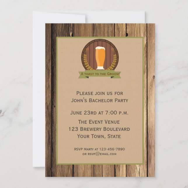 Beer Glass, Wood Look Bachelor Party Invitation (Front)