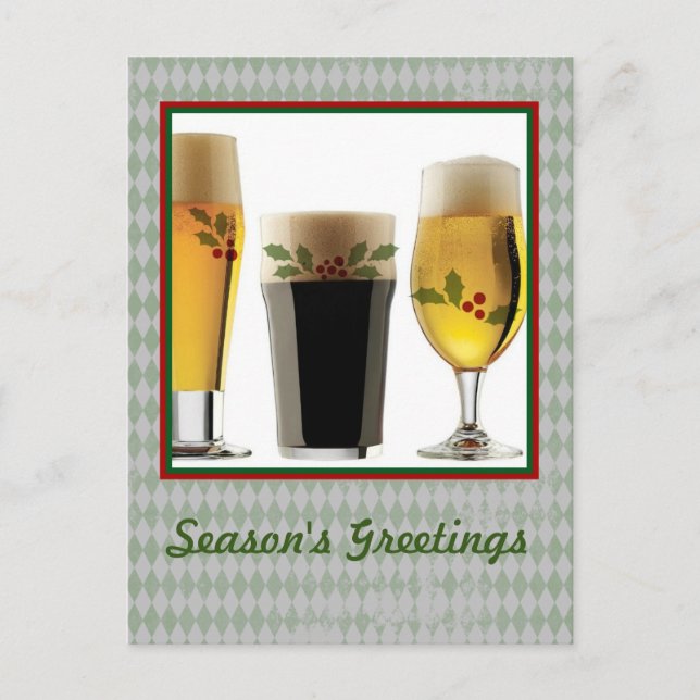 Beer Glasses & Holly Seasons Greetings Holiday Postcard (Front)