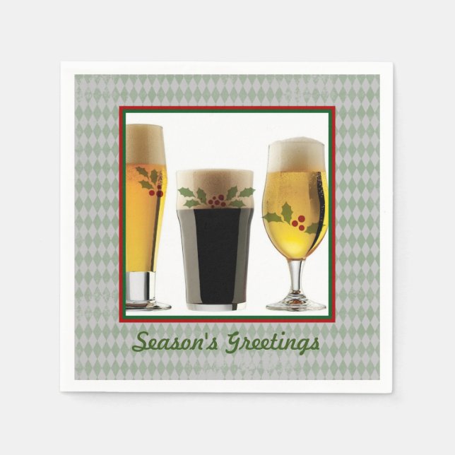 Beer Glasses & Holly Seasons Greetings Napkins (Front)