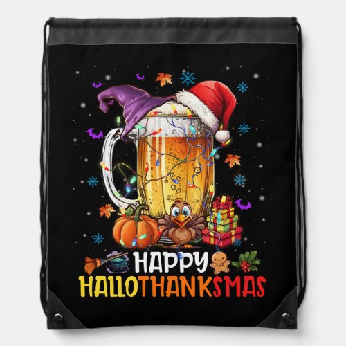 Beer Halloween And Merry Christmas Happy Hallothan Drawstring Bag