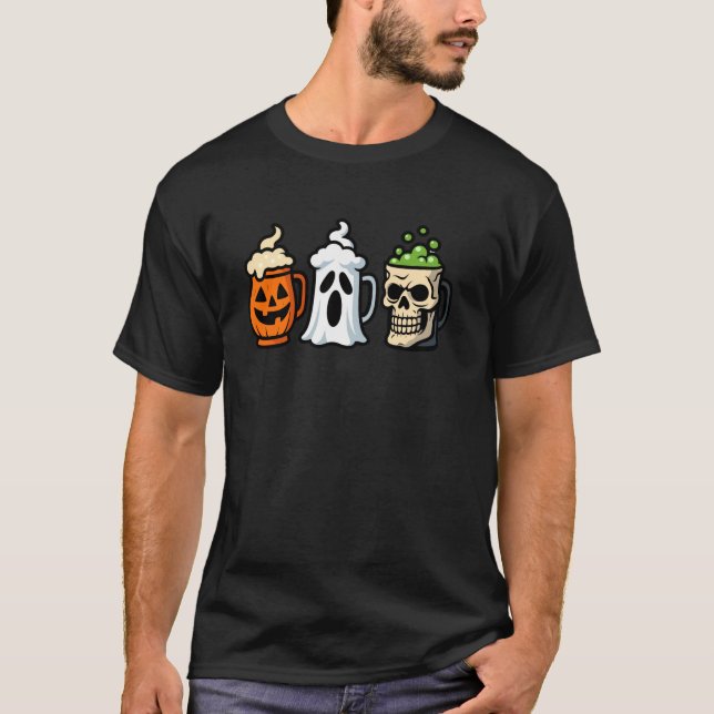 Beer Halloween Skeleton Pumpkin Ghost Drinking Hum T-Shirt (Front)