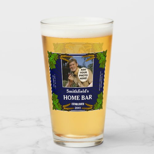 Beer Home Bar Hops Barley Custom Photo Name Blue Glass