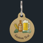 Beer Icons Pet ID Tag<br><div class="desc">Beer illustration. Bottle,  glass,  opener,  hops and barley. Custom background color. Seamless pattern at the back side. Custom text on both sides.</div>
