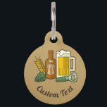 Beer Icons Pet ID Tag<br><div class="desc">Beer illustration. Bottle, glass, opener, hops and barley. Custom background color. Seamless pattern at the back side. Custom text on both sides.</div>