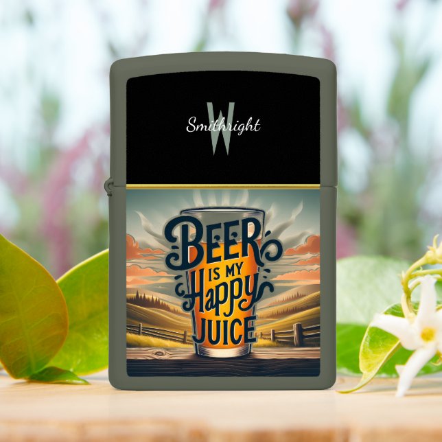 Beer Is My Happy Juice: Sunset Cheers Zippo Lighter (On Table)