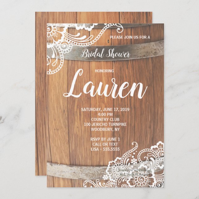 Beer Keg Lace Rustic Wood Bridal Shower Invitation (Front/Back)