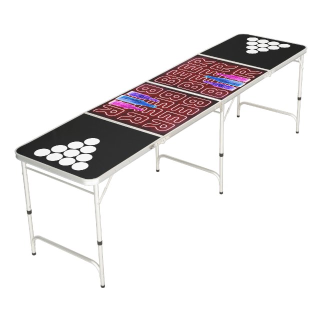 Beer LED Neon Lights & Beer Bottles Red Beer Pong Table (Angled)