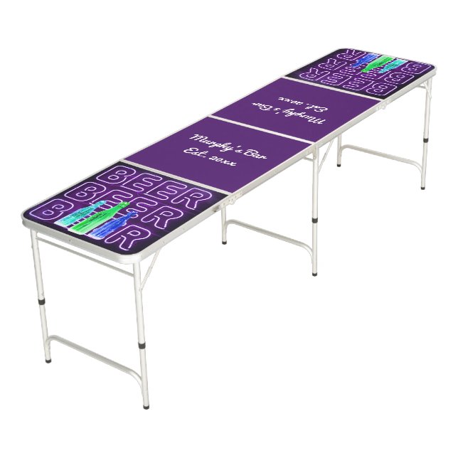 Beer LED Neon Wire Light & Beer Bottles Purple Pong Table (Angled)