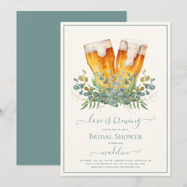 Beer Love is Brewing Eucalyptus Bridal Shower  Invitation (Front/Back)