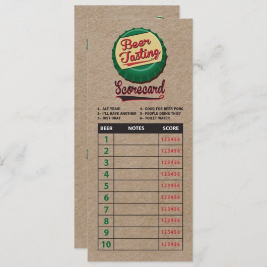 Beer lovers tasting scorecard on faux kraft paper (Front/Back)